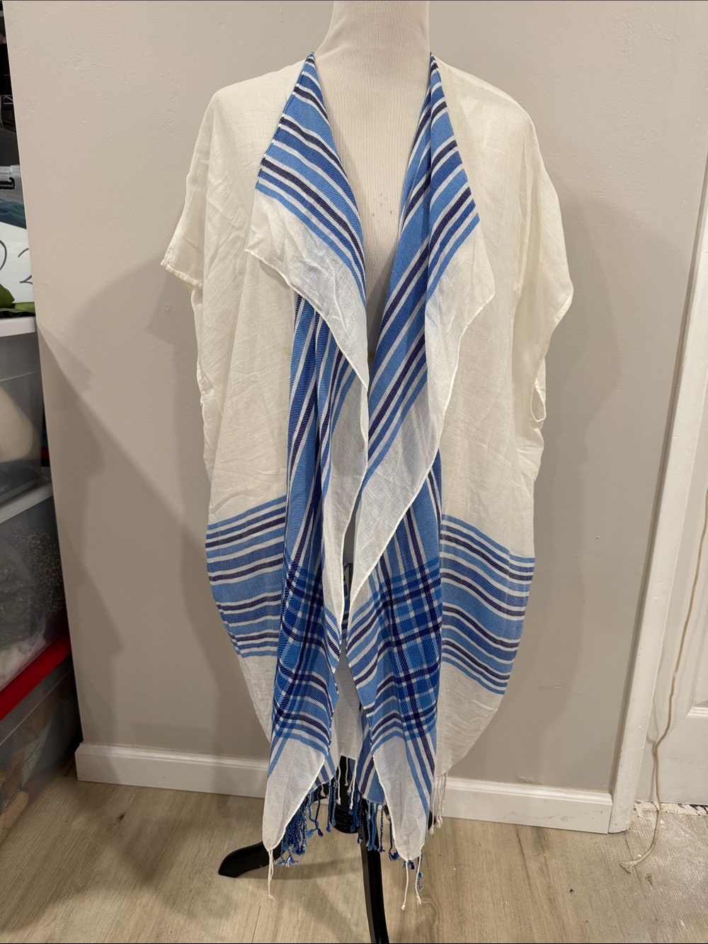 J. Crew White and Blue Stripe kimono beach cover up with tassel bottoms coastal